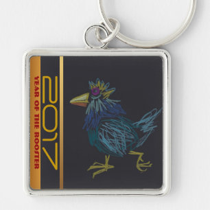 Funny Cockerel Chinese Tupp Year Zodiac KeyC Fyrkantig Silverfärgad Nyckelring