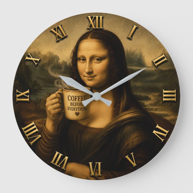 Funny Coffee Mona Lisa Stor Klocka (Framsida)