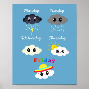 Funny Colorful Kawaii Tecknad Cloud TGIF Barn Poster