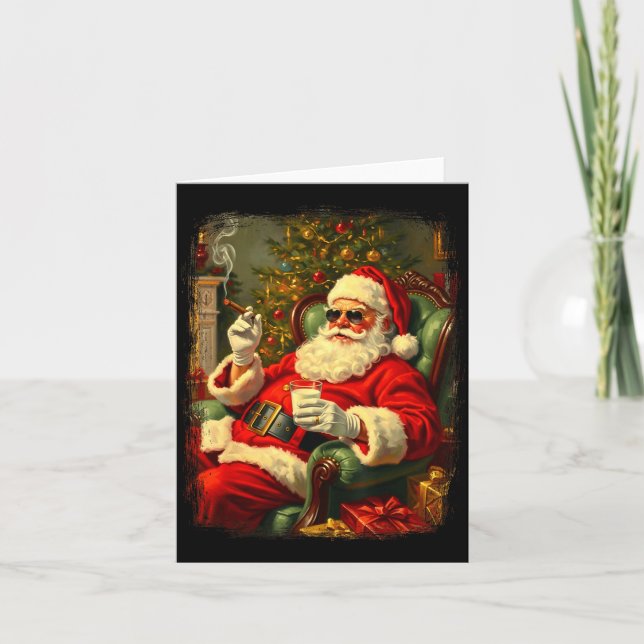Funny Cool Sungles Cigar And Milk Santa Christmas  Kort (Framsida)