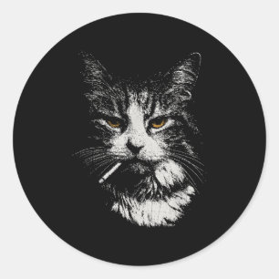 Funny Coola Katt Rökning Funny Meme Cigarette Cat  Runt Klistermärke