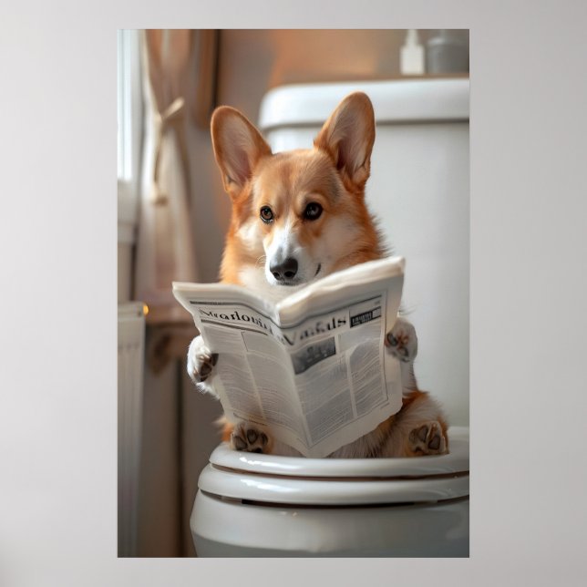 Funny Corgi Bathroom Print, Toilet Newspaper Art Poster (Framsidan)
