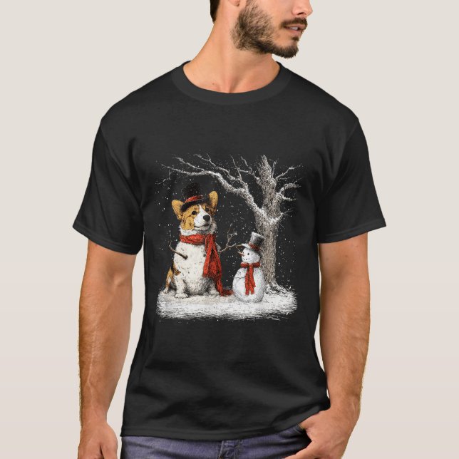 Funny Corgi Dog In The Snow Tree Christmas Winter  T Shirt (Framsida)