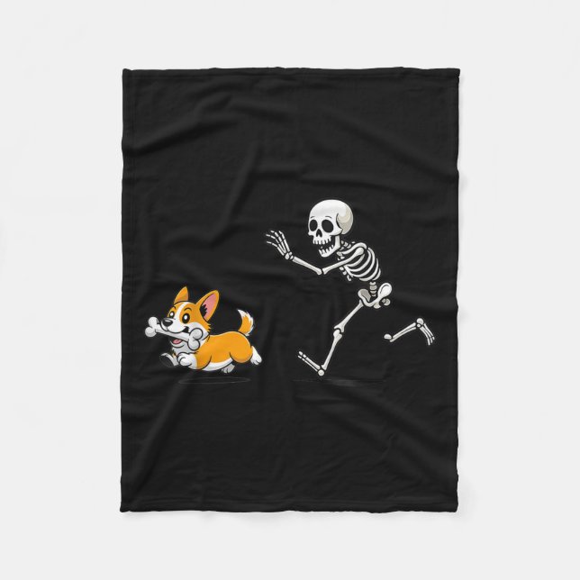 Funny Corgi Dog Steals Skeleton Bone Halloween  Fleecefilt (Framsidan)