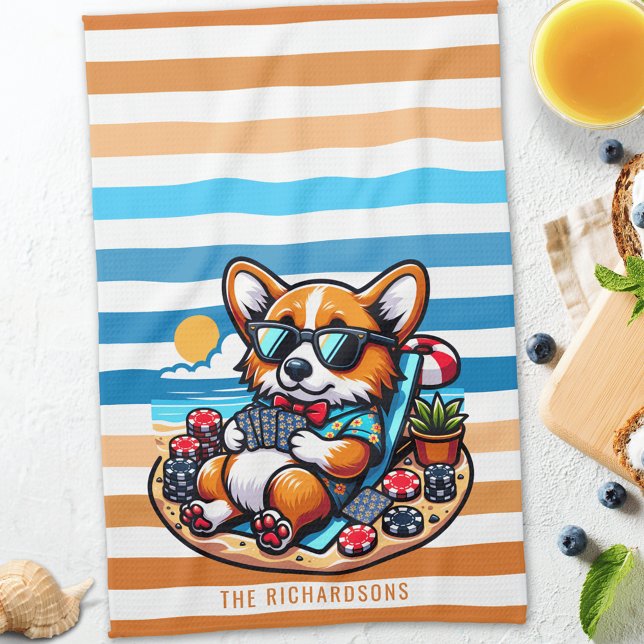 Funny Corgi Hund Poker Player on Vacation Kökshandduk (Skapare uppladdad)