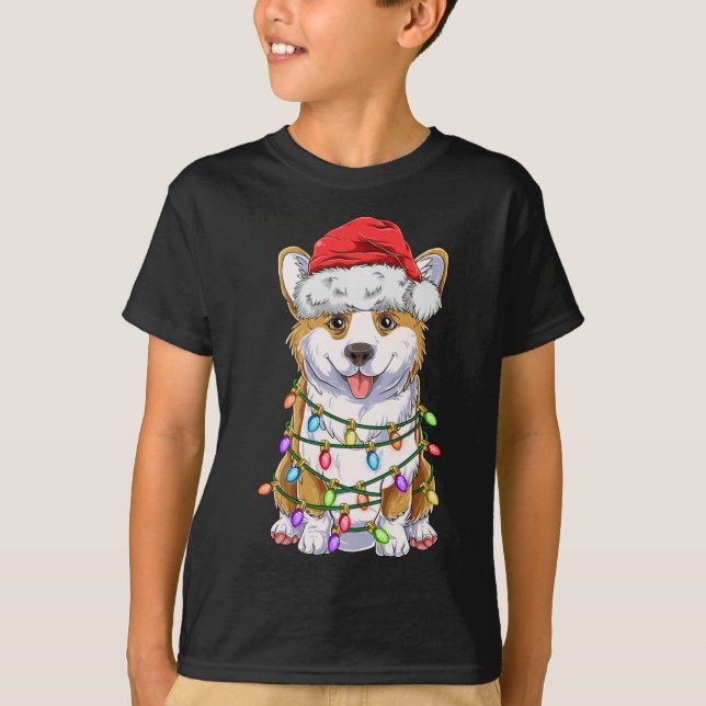 Funny Corgi Julgran Ljus Gift Santa Hat D T Shirt (Framsida)