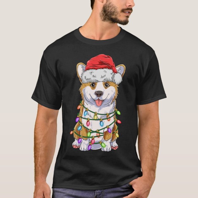 Funny Corgi Julgran Ljus Gift Santa Hat D T Shirt (Framsida)