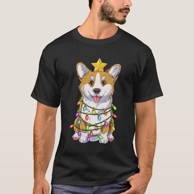 Funny Corgi Julgran Ljus Gift Santa Hat D T Shirt (Framsida)