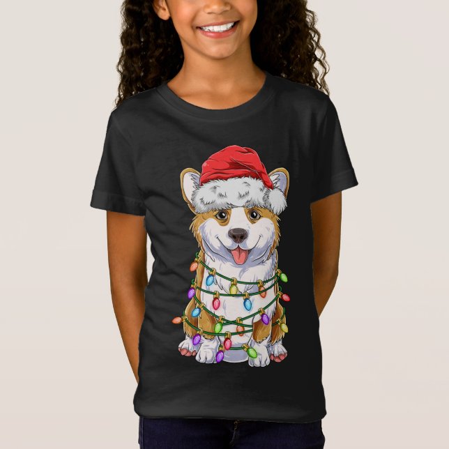 Funny Corgi Julgran Ljus Gift Santa Hat D T Shirt (Framsida)