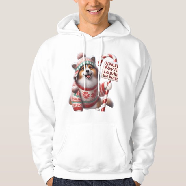 Funny Corgi/Pomeranian Dog in Sweater: "Snow Way!" Hoodie (Framsida)