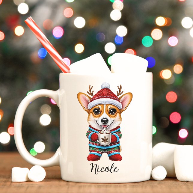 Funny Corgi Reindeer jul Mugg (Cute corgi In Christmas pajamas monogrammed holiday mug. )