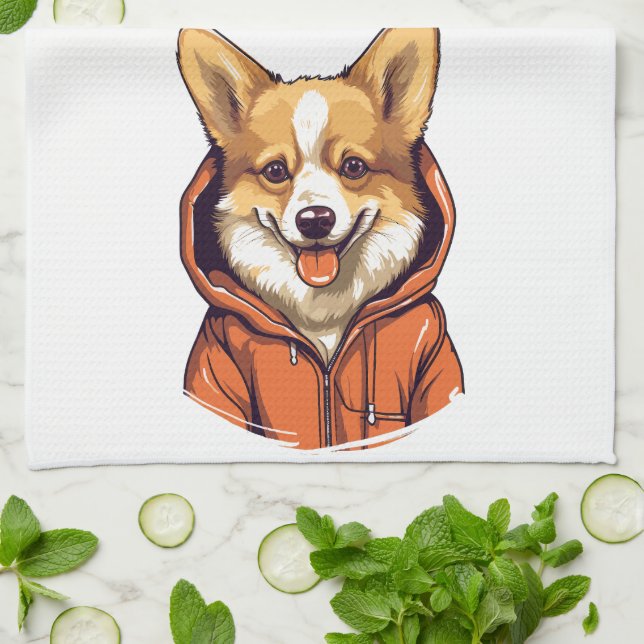 Funny Corgi Wearing Hoodie Kökshandduk (Vikta)