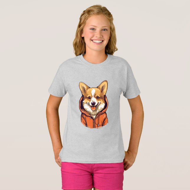 Funny Corgi Wearing Hoodie T Shirt (Hel framsida)
