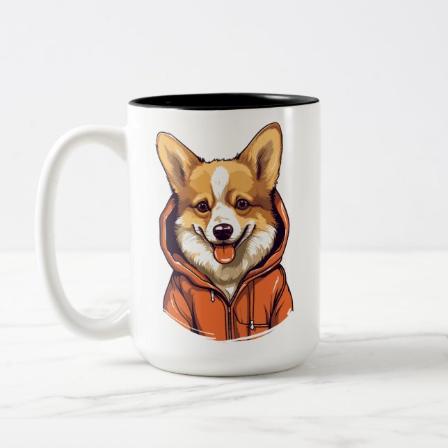 Funny Corgi Wearing Hoodie Två-Tonad Mugg (Vänster)