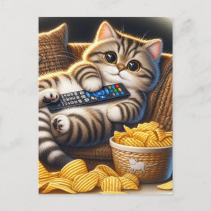 Funny Couch Potato Cat Remote och Chip Vykort