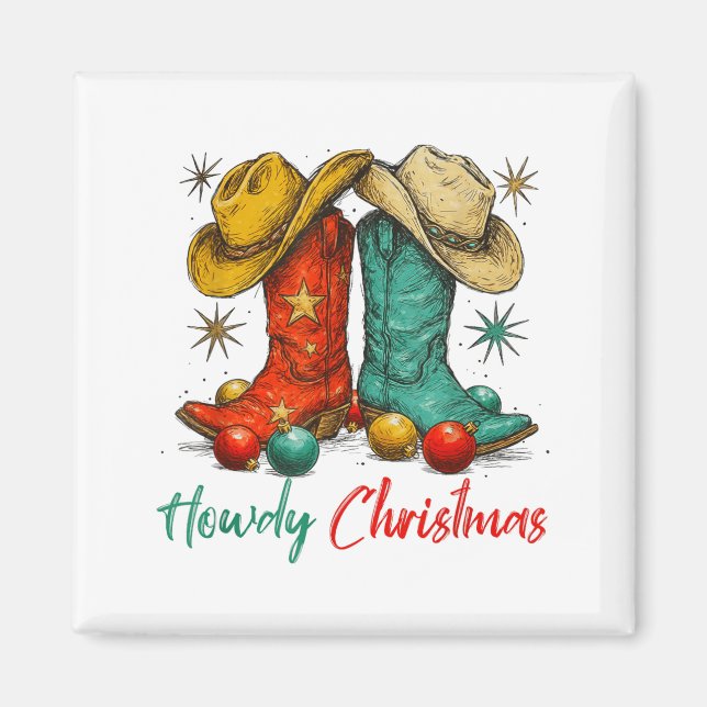 Funny Country Western Christmas Howdy Cowboy Boots Magnet (Framsidan)