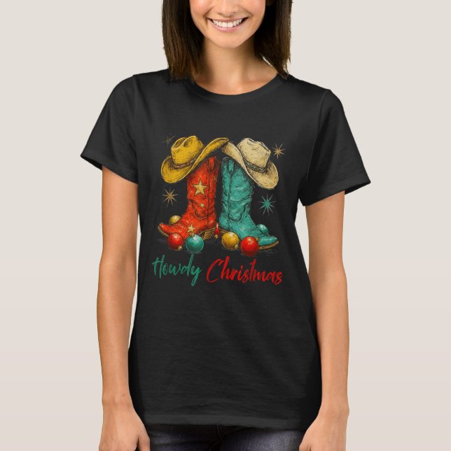 Funny Country Western Christmas Howdy Cowboy Boots T Shirt (Framsida)