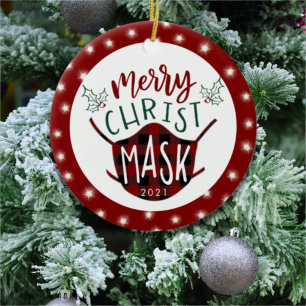 Funny COVID MERRY JesusMASK Buffalo Check Julgransprydnad Keramik