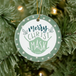 Funny COVID MERRY JesusMASK Photo Grönt Julgransprydnad Keramik