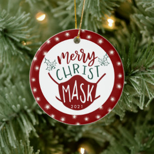 Funny COVID MERRY JesusMASK Photo Red Julgransprydnad Keramik
