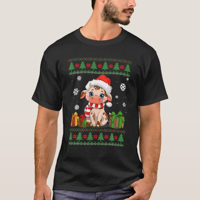 Funny Cow Älskare Cute Cow Santa Hat Ugly God jul T Shirt (Framsida)