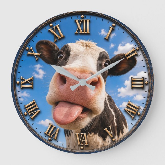 Funny Cow Cute Farm Animal Rustic Decor Stor Klocka (Framsida)