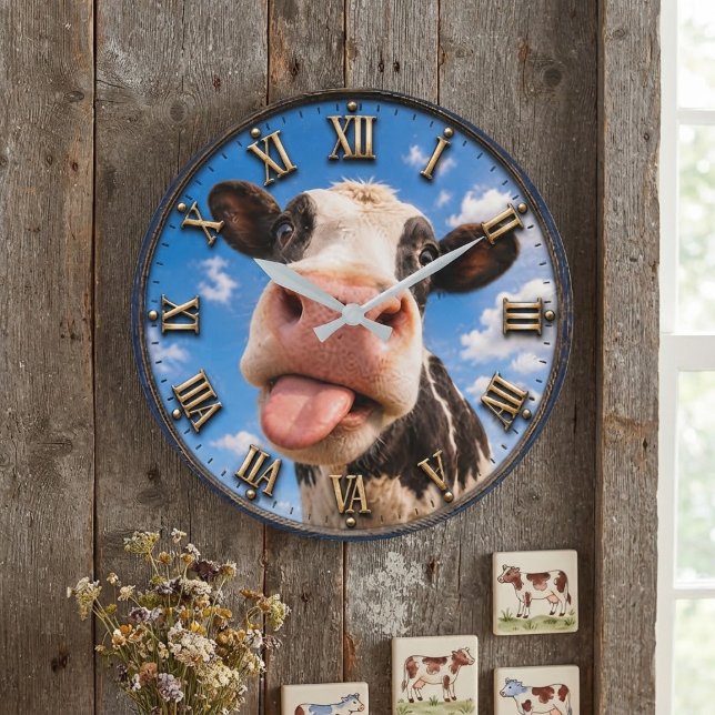 Funny Cow Cute Farm Animal Rustic Decor Stor Klocka (Skapare uppladdad)