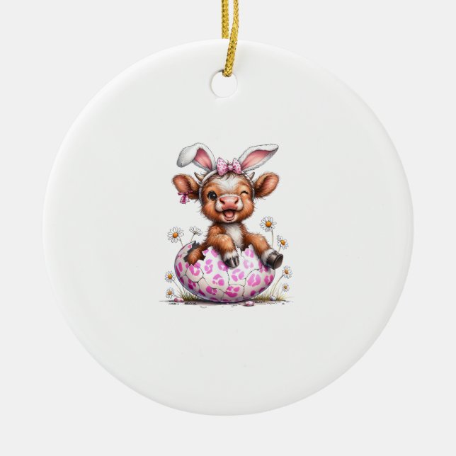Funny Cow Easter Rabbit Cute Highland Cows Lover E Julgransprydnad Keramik (Framsidan)
