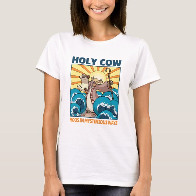 Funny Cow Holy Cow Moos In Mysterious Ways Cartoon T Shirt (Framsida)