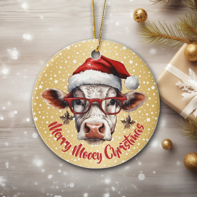 Funny Cow Mooey jul - Guld stjärna - bakgrund Julgransprydnad Keramik (Skapare uppladdad)