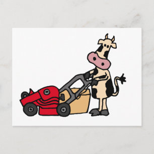 Funny Cow Pushing Red Gräsmatta Mower Tecknad Vykort