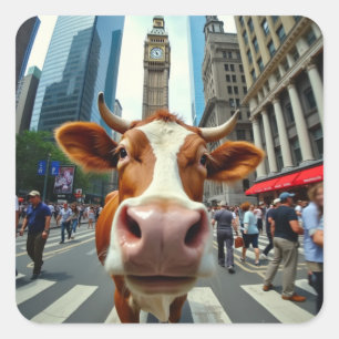 Funny Cow Selfie på en Busy City Street Fyrkantigt Klistermärke