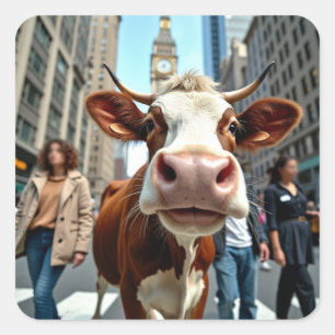 Funny Cow Selfie på en Busy City Street Fyrkantigt Klistermärke