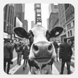 Funny Cow Selfie på en Busy City Street Fyrkantigt Klistermärke