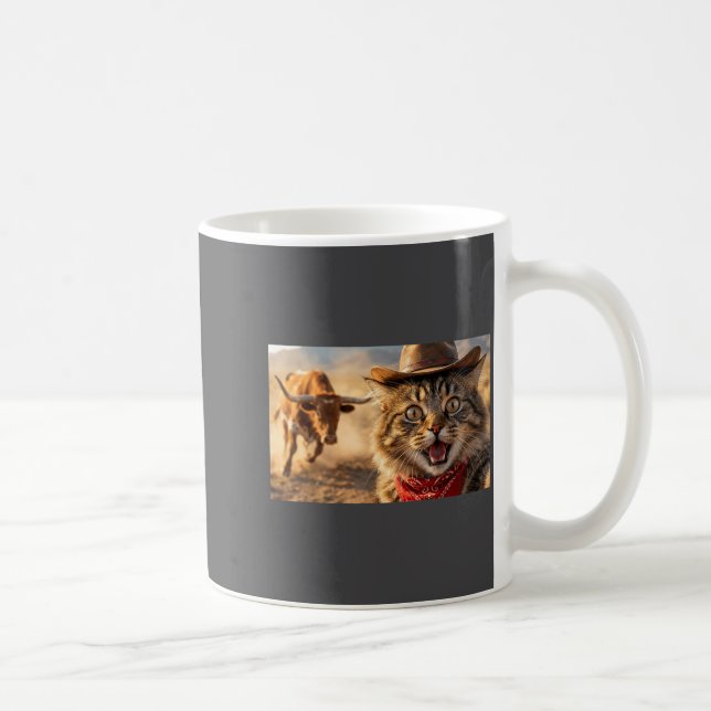 Funny Cowboy Cat Selfie With Charging Bull Western Kaffemugg (Höger)