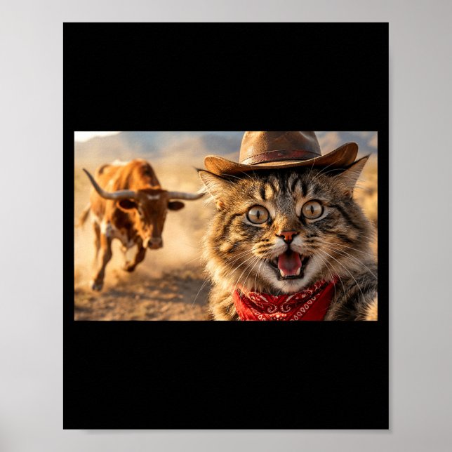 Funny Cowboy Cat Selfie With Charging Bull Western Poster (Framsidan)