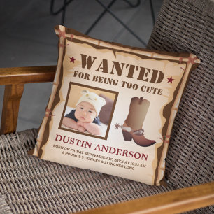 Funny Cowboy Photo Wanted Poster Baby födelsetat Kudde