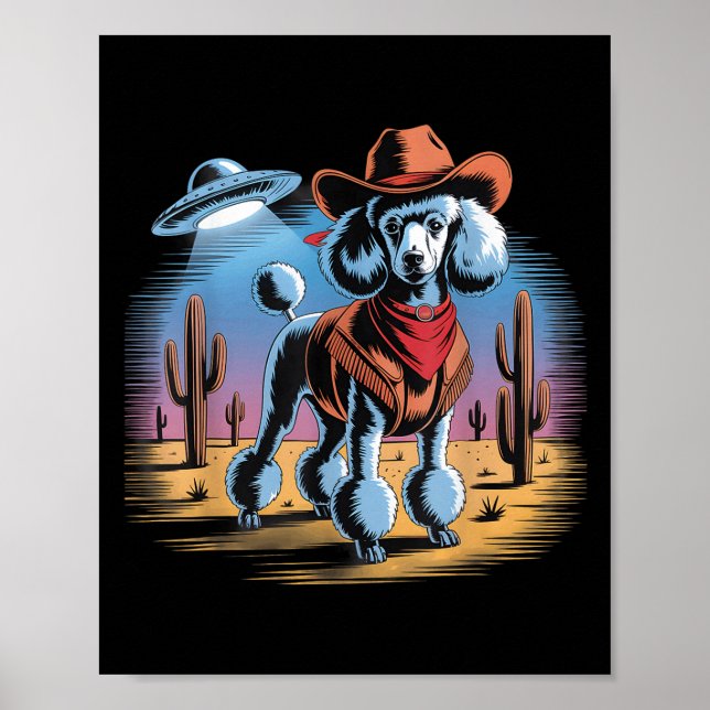 Funny Cowboy Pudel Ufo Desert Sunset Scene Poster (Framsidan)