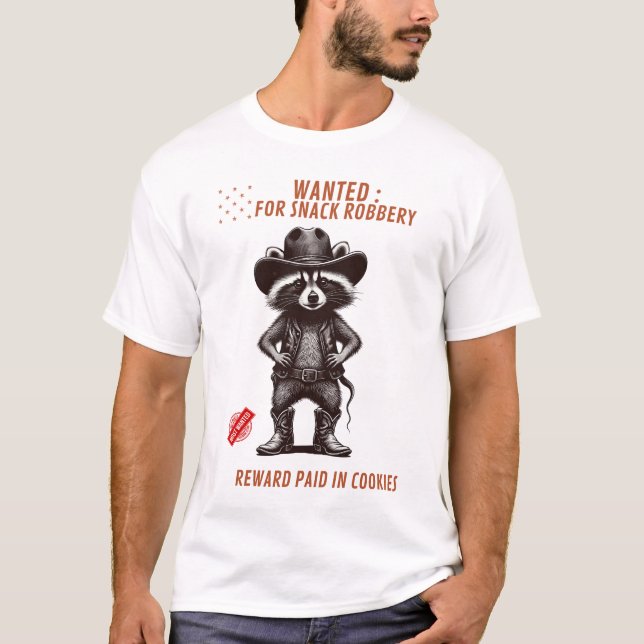 Funny Cowboy Raccoon T-Shirt – Wanted For Snack Ro (Framsida)