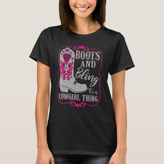 Funny Cowgirl Boots Bling Westerna kvinnor T Shirt (Framsida)