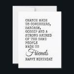 Funny Coworking Birthday Card - Sarcasm Vykort<br><div class="desc">Fira din medarbetares speciella dag med lite humor! Det här roliga födelsedagsmeddelandet visar hur slumpen gjorde dig till medarbetare,  men sarkasm,  skvaller och en gemensam ogilla för samma människor gjorde dig till sanna vänner. En perfekt tände födelsedagen hälsning för kolleger som uppskattar sarkasm,  kontors humor och skämt inuti.</div>
