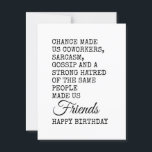 Funny Coworking Birthday Card - Sarcasm Vykort<br><div class="desc">Fira din medarbetares speciella dag med lite humor! Det här roliga födelsedagsmeddelandet visar hur slumpen gjorde dig till medarbetare,  men sarkasm,  skvaller och en gemensam ogilla för samma människor gjorde dig till sanna vänner. En perfekt tände födelsedagen hälsning för kolleger som uppskattar sarkasm,  kontors humor och skämt inuti.</div>