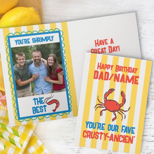 Funny Crab Amalfi Gult Rand Photo Birthday Kort (funny birthday photo card with crab and crustacean themed dad jokes)