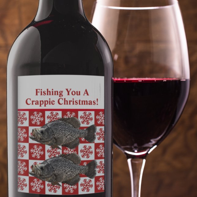 Funny Crappie Fishing Pun God jul Anpassningsbar Vinflaska Etikett (Christmas Crappie Fishing wine labels are a great way to give gifts to your angling friends.)