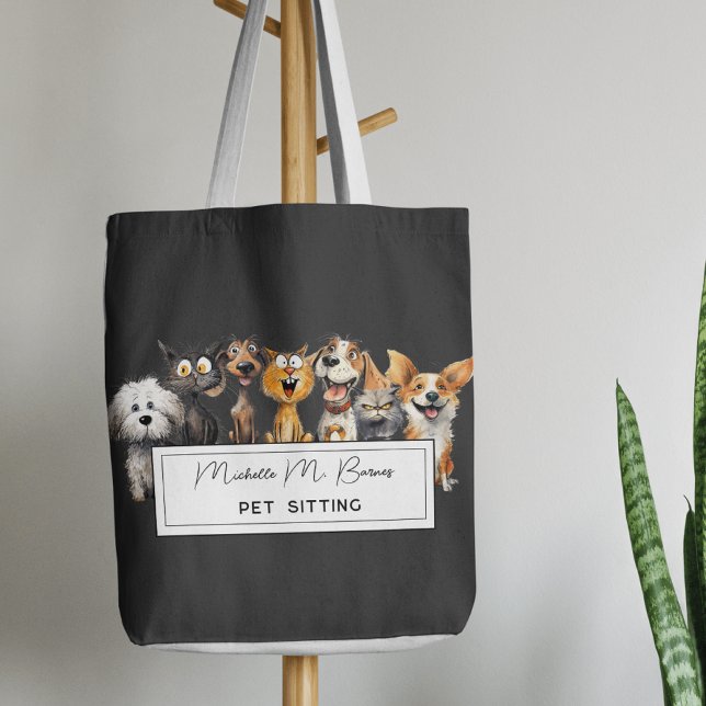 Funny Crazy Cats Hundar Pet Sitter Business Black Tygkasse (Skapare uppladdad)