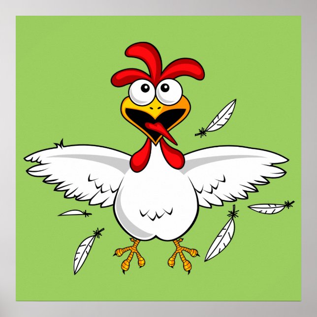 Funny Crazy Tecknad Chicken Vinge Fling Poster (Framsidan)