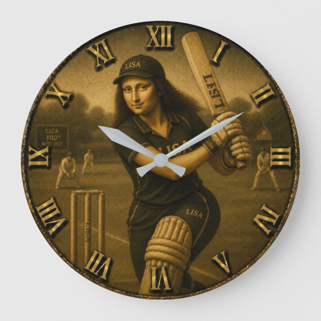 Funny Cricket Mona Lisa Batsman Gift  Stor Klocka (Framsida)
