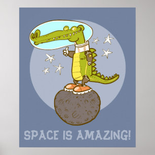 funny crocodile in space cartoon poster