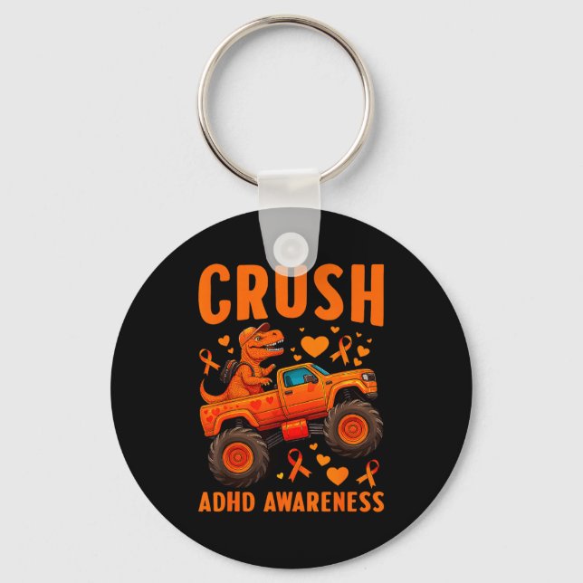 Funny Crush Adhd Awareness T-rex Monster Truck Kid Nyckelring (Framsida)