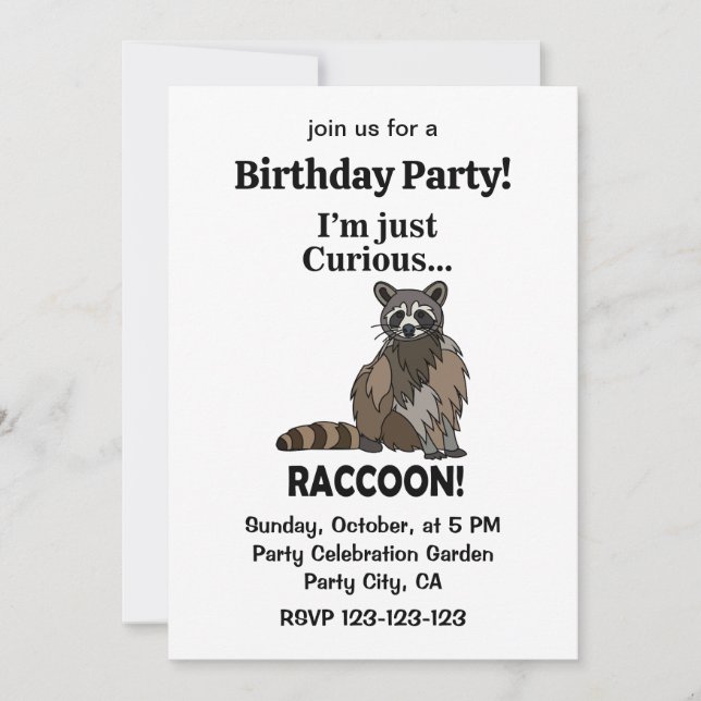 Funny Curious Raccoon Birthday Party Inbjudningar (Framsida)